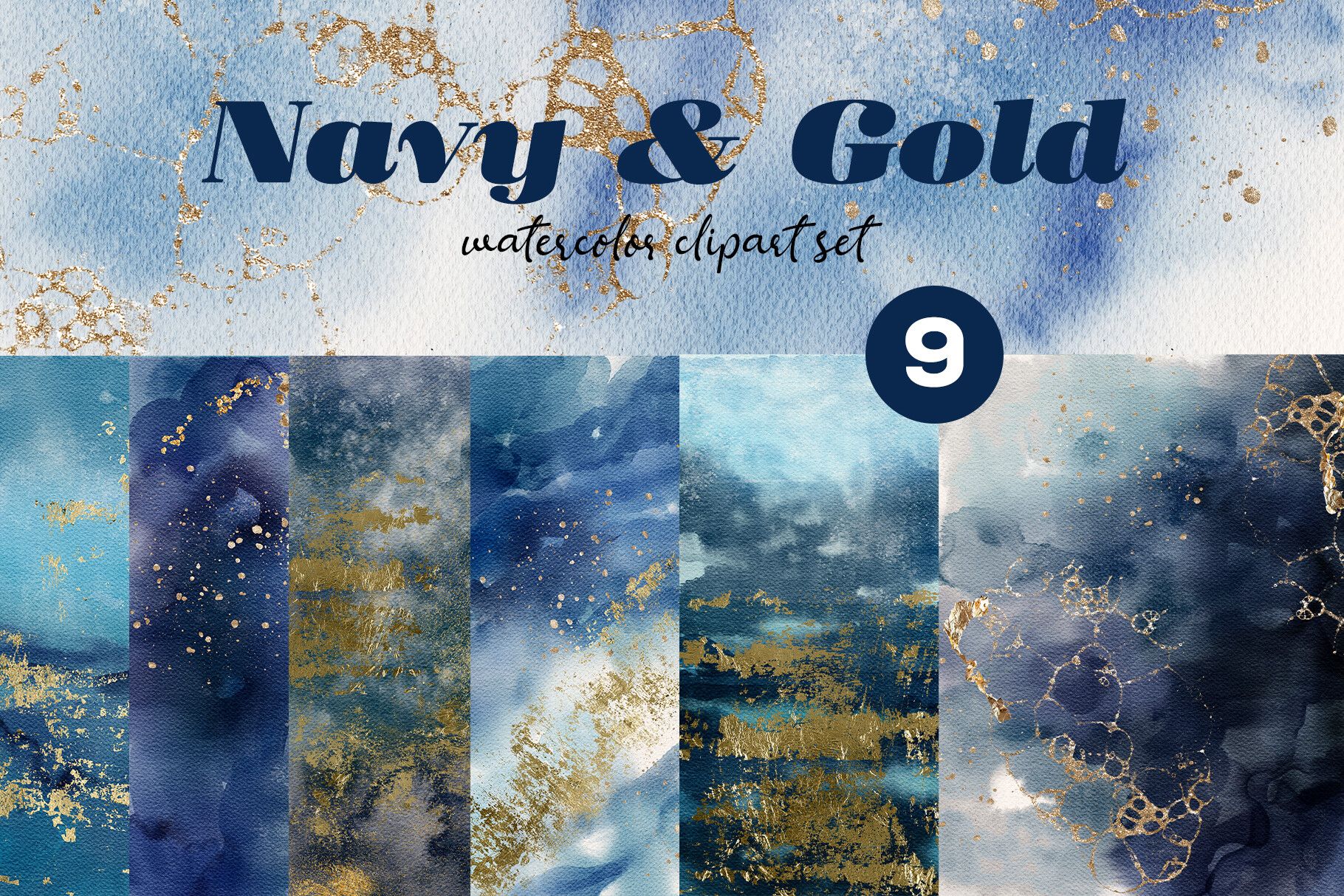 Navy & Gold Watercolor Textures PNG Set